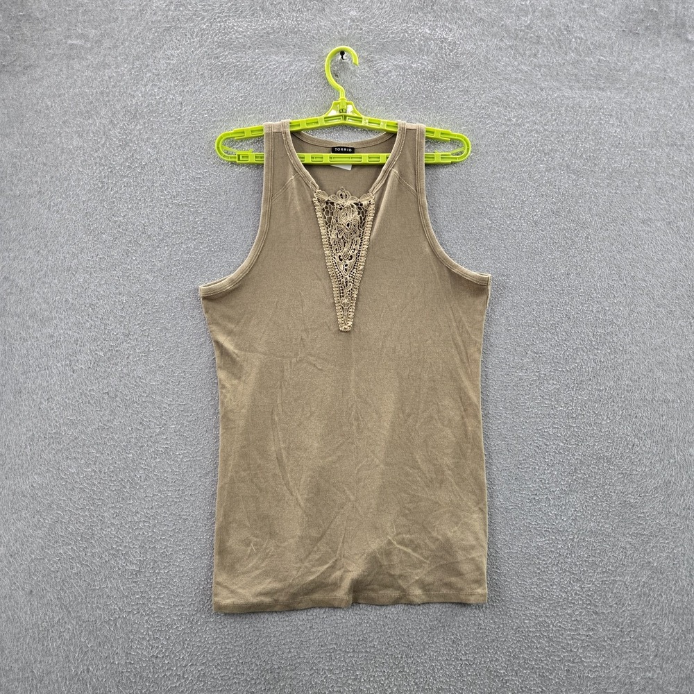 Torrid Women Tank Top 2 Tan Lace Rib Notch Crochet Inset Sleeveless
